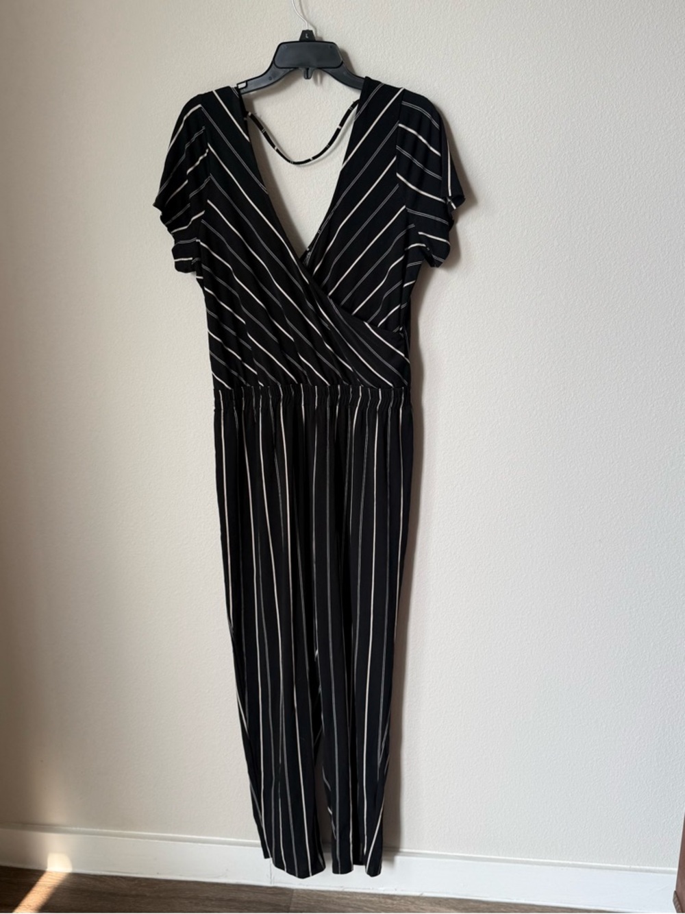 Express Black Jumpsuit with White Vertical Stripes